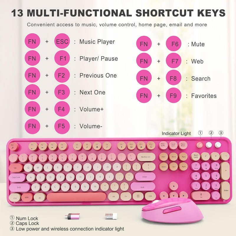 SkyGive Wireless Keyboard and Mouse Combo, Ergonomic Full Size Typewriter Retro Round Keycaps Keyboard, Compatible with Windows, PC, Perfer for Home and Office Keyboards （Red） - Image 4